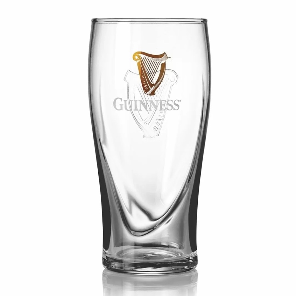 Guinness Beer: Set of  2 Pint Glasses Gold Logo Embossed Harp Clear Glass 20 oz